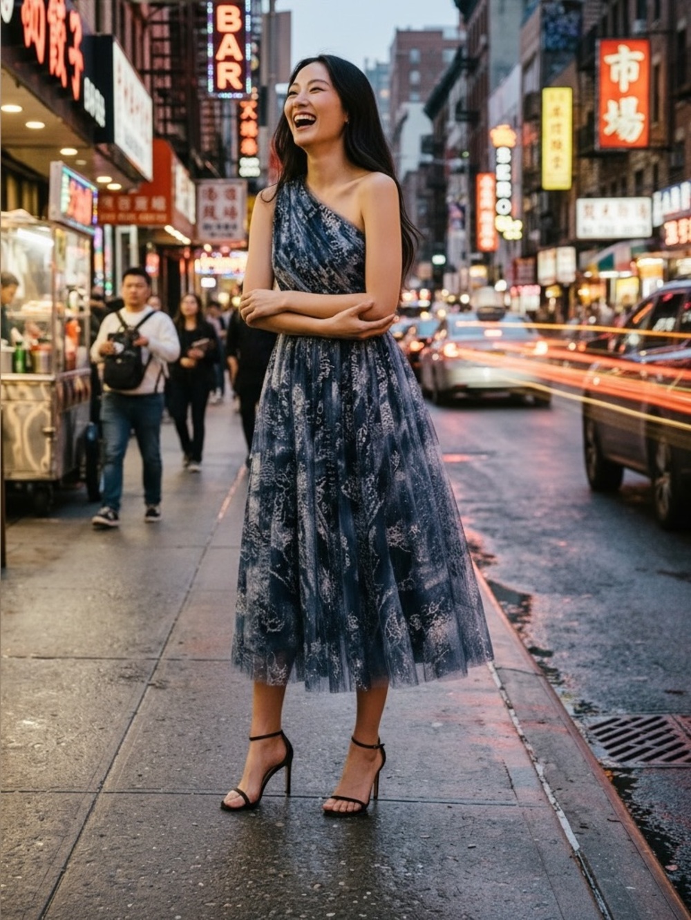 Marchesa One-Shoulder Navy & Silver Metallic Midi Dress NWT